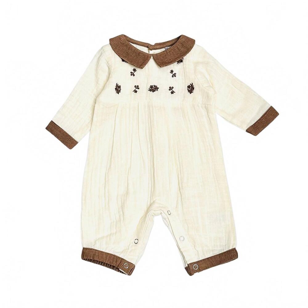 NEW VIVERANO ORGANICS kid's embroidered crinkled muslin jumpsuit in sweet cream